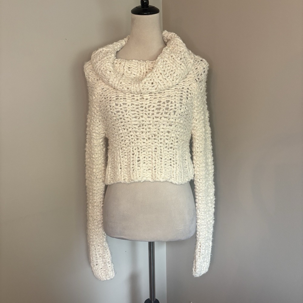 VTG Y2K Bebe Chunky Open Knit Crop Cowl Neck Sweater Cream Winter White Small